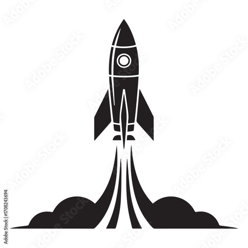 Technology background illustration of black silhouette of a rocket launching into space with smoke and clouds, isolated on white background