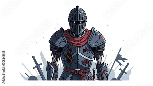 Warrior's Silent Resolve: A formidable knight, clad in weathered armor, stands amidst the fallen, embodying resilience and fortitude amidst the ruins.