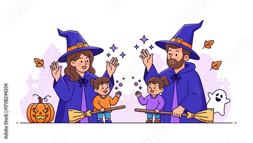 Halloween Magic: A family transforms into witches and wizards, as they're dressed in whimsical witch hats and cloaks, ready for an evening of trick-or-treating. They're casting spells.