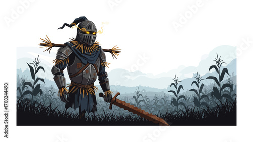 Animated scarecrow knight: In a vast field of corn stalks, a medieval knight, fashioned from straw and cloth, and wielding a rusty sword. The knight's expression holds an enigmatic gaze.