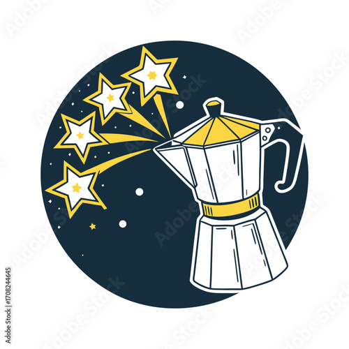 Whimsical moka pot brewing stars in a night sky