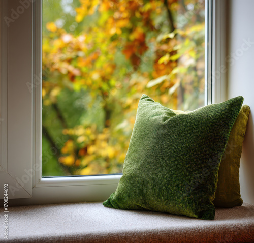 Green pillow rests on window sill, with vibrant autumn leaves visible outside, creating cozy and inviting atmosphere. scene captures essence of fall