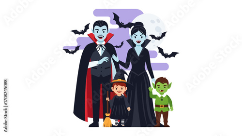 A Spooktacular Halloween Gathering: A delightful illustration of a vampire family, complete with capes and eerie charm, set against a moonlit night filled with playful bats.