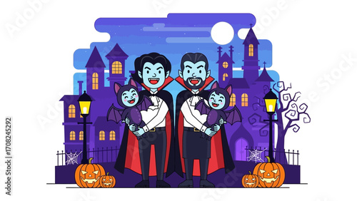 Halloween Gathering: Two vampire figures with their bat companions stand before a spooky haunted house, capturing the eerie allure of All Hallow's Eve. 