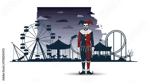 Spooky Carnival: A chilling scene unfolds as a sinister jester stands before a ghostly amusement park silhouette, creating an atmosphere of dark amusement.