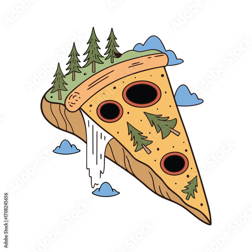 Whimsical slice of pizza with forest landscape and melting cheese