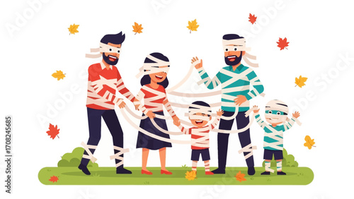 Family Mummy Fun: A lively family wrapped in bandages, engaging in a playful mummy game amidst falling autumn leaves, creating a heartwarming and engaging scene.