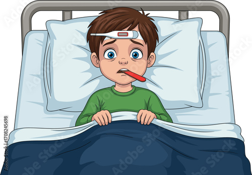 Sick child in hospital bed, thermometer in mouth, fever and illness concept, pediatric healthcare illustration, worried expression, CAD drawing flat vector illustration