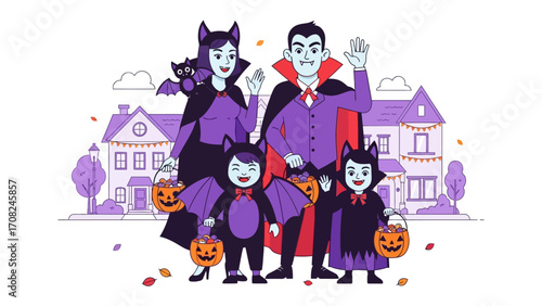 Happy Halloween Family: A vibrant illustration capturing a family in Halloween costumes, radiating spooky charm and festive cheer, as they prepare for a night of trick-or-treating. 