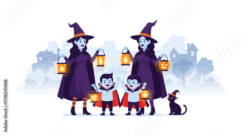 Halloween Gathering: A family embraces the enchanting spirit of Halloween, costumed as witches and vampires, gathered together holding glowing lanterns.