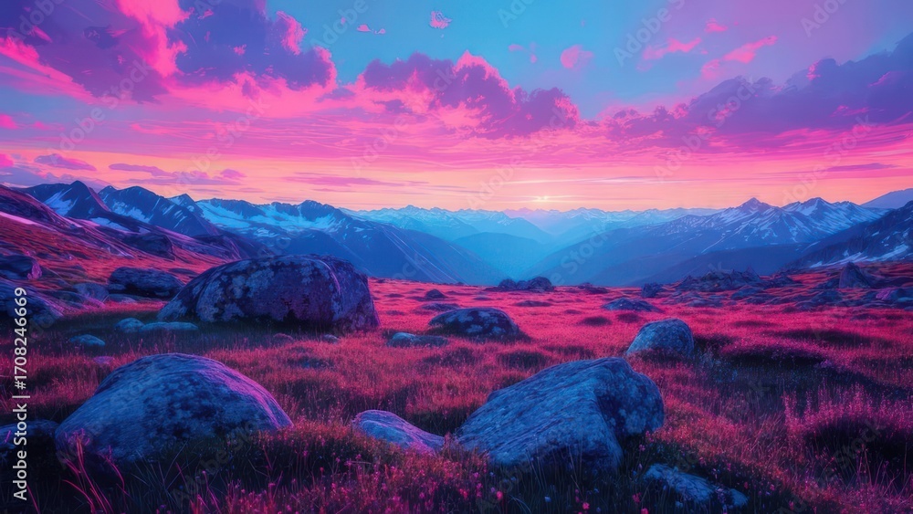 Naklejka premium Vibrant sunset over a mountainous landscape, pink hues dominating the sky and reflecting on the rocks and grass