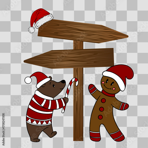 Wooden Christmas signpost with arrows decorated in festive style. Holiday illustration with seasonal ornaments, ribbons, and winter decorations. Christmas scene
