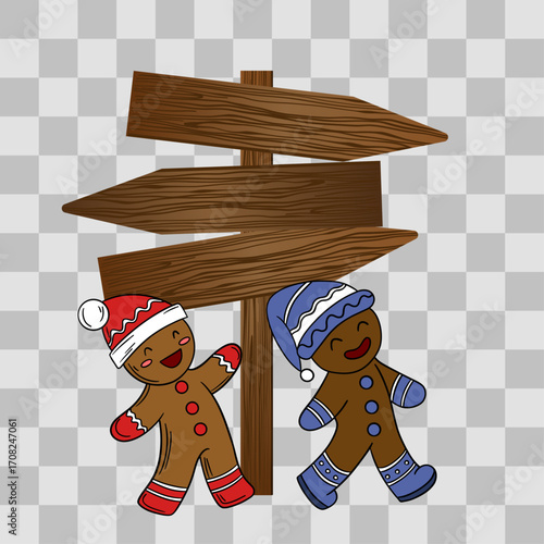 Wooden Christmas signpost with arrows decorated in festive style. Holiday illustration with seasonal ornaments, ribbons, and winter decorations. Christmas scene