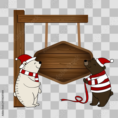 Wooden Christmas signpost with arrows decorated in festive style. Holiday illustration with seasonal ornaments, ribbons, and winter decorations. Christmas scene