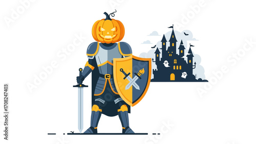 Halloween Knight: An illustration of a formidable knight with a pumpkin head, brandishing a sword and shield in front of a gothic castle, ready for a Halloween celebration.