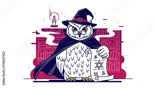 Owl Sorcerer with Scroll and Candle: A whimsical illustration of a wise owl, adorned with a sorcerer's hat and cape, clutches an ancient scroll, illuminated by a flickering candle.