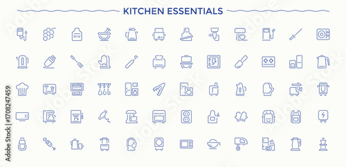 Kitchen Essentials line icon set. Perfect for logos and infographic. Cooking icon set. Contains such icons as equipment, food, cooking, tools, kitchen and more.
