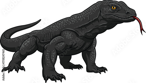 Komodo dragon side profile, fierce reptile illustration, detailed scales and claws, wildlife predator design concept, exotic lizard artwork, CAD drawing flat vector illustration