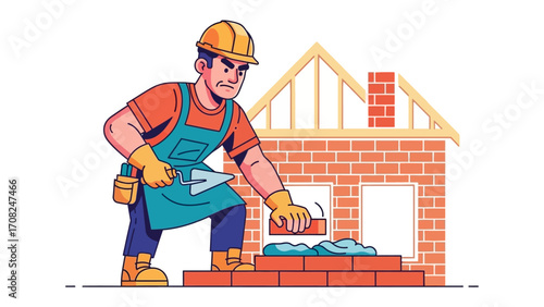 Bricklayer at Work: An illustration of a bricklayer, showcasing dedication and skill as they build a brick wall, embodying the foundation of strength and construction.