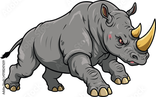 Aggressive rhinoceros in charging pose, large golden horn, fierce wildlife animal illustration, powerful and strong design concept, CAD drawing flat vector illustration