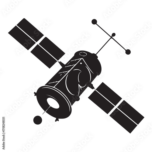 Technology background illustration of satellite with solar panels and antenna, isolated on white background