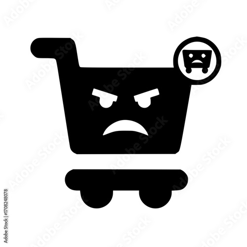 Ecommerce shopping cart with small angry face icon for complaint service and buyer dissatisfaction