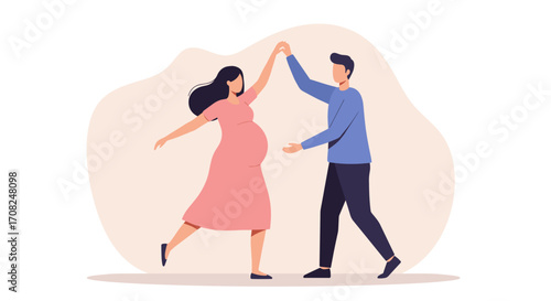 Pregnant woman dancing joyfully with partner in soft pastel background  