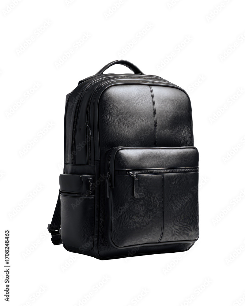 Fototapeta premium Black leather backpack, structured, zippered pockets