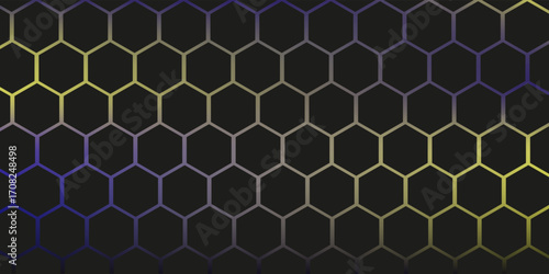 Dark hexagon abstract technology background with blue and green colored bright flashes under hexagon. Hexagonal gaming vector tech illustration black abstract background. EPS 10