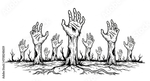  Sketch Zombie Hand Collection Rising from Ground - Hand Drawn Black and White Vector Doodle Illustration