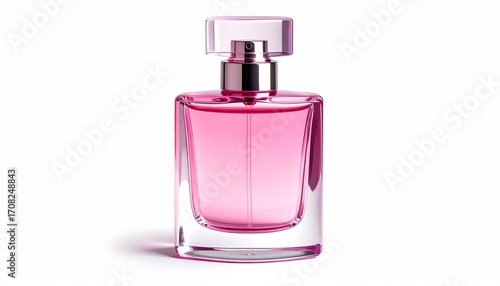 A pink glass perfume bottle with a square cap on a white background.