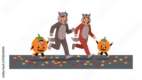 Halloween Fun: A spirited ensemble of costumed individuals dashes down a leaf-strewn path. Capturing the infectious joy of the season, they showcase creativity and festive cheer.