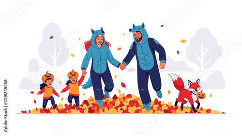 Family Fun in Autumn Leaves: Capturing a heartwarming scene of a family and a fox in Halloween costume running through a vibrant pile of autumn leaves.