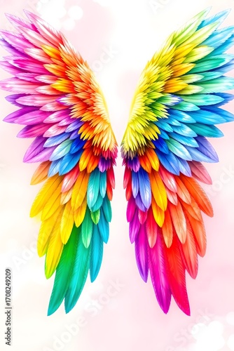 Abstract angel wings artwork with colorful feathers in pink, blue, purple and gold on dreamy pastel sky