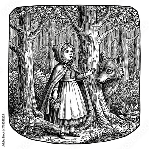 Hand-Drawn Little Red Riding Hood Vintage Engraved Illustration