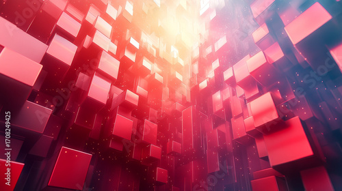 A futuristic red data-block cityscape background.