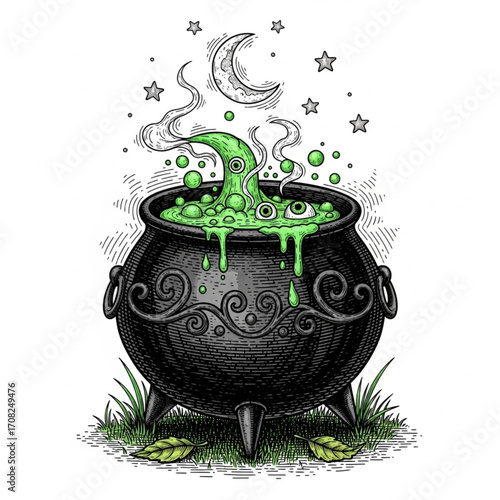 Witch Cauldron with Potion Halloween Vector Illustration in Engraving Style