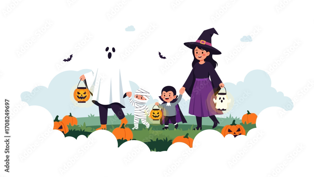 Naklejka premium Spooky Halloween Gathering: An illustration of a spooky and sweet Halloween scene featuring happy children in Halloween costumes, surrounded by pumpkins and festive decorations.