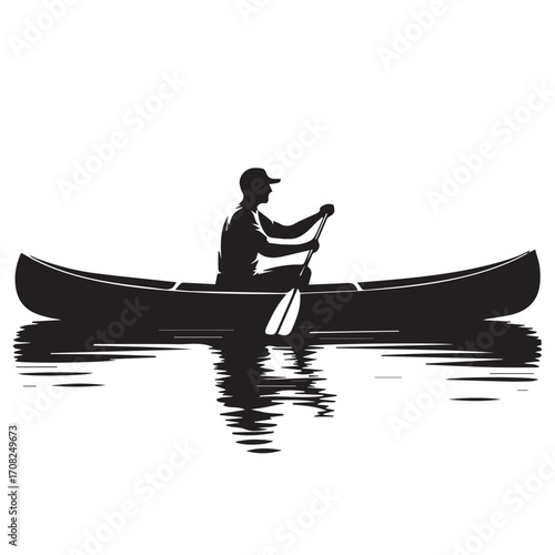 Technology background illustration of silhouette of a person paddling a canoe on calm water with reflections, isolated on white background