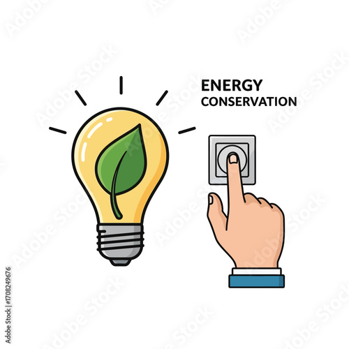 Illustration showing a lightbulb with a leaf inside and a hand turning off a light switch, representing energy conservation.