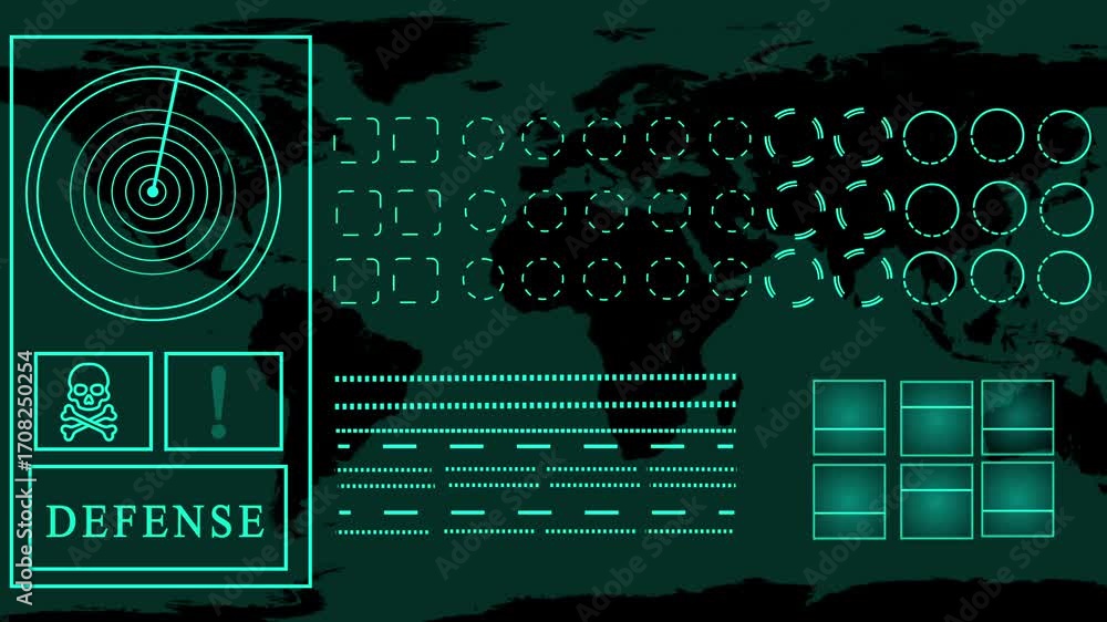 Futuristic military defense radar interface with world map ...