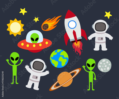Cute outer space set. Cosmic bundle with doodle spaceships and planet. Collection of naive stellar stickers.