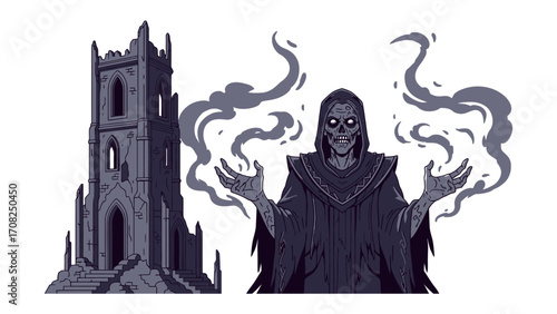 Mystic Grim Reaper and Gothic Tower: A haunting scene of a spectral figure of the reaper standing before an ancient, crumbling gothic tower. evoking a sense of impending doom and mystery.