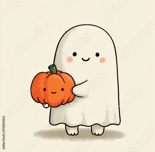 cute ghost holding a pumpkin, simple line art, clipart style, white background, pastel colors, vector illustration
