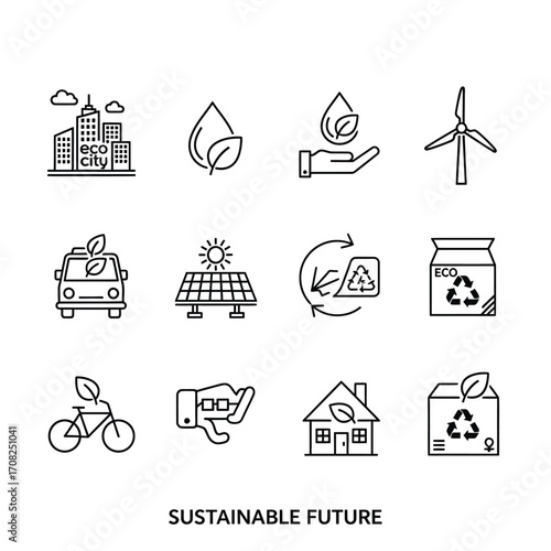 Simple line icons illustrating various aspects of a sustainable future, including eco-friendly transportation, renewable energy, and recycling.