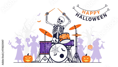 Spooky Halloween Drummer: A skeletal drummer plays a Halloween drum kit with pumpkins, bats, and children celebrating beneath the festive Happy Halloween banner.