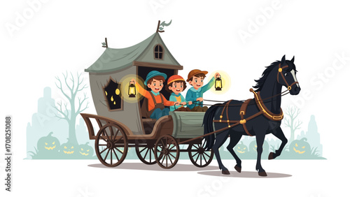 Magical Carriage Ride: In a whimsical illustration, three young children embark on a fanciful journey aboard a charming carriage, pulled gracefully by a sleek black horse, against a twilight backdrop.