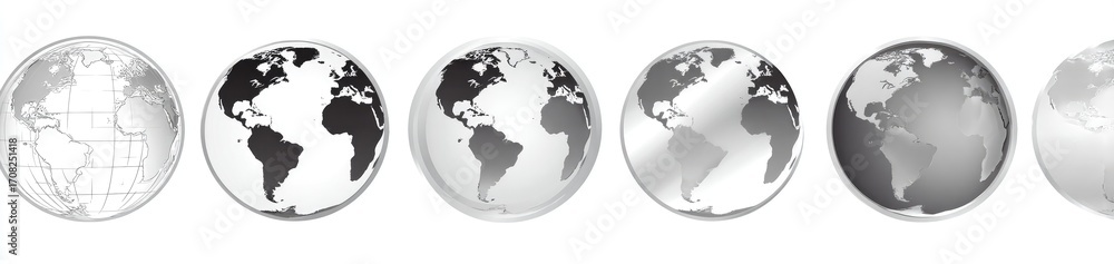 Fototapeta premium A grayscale image showing five globes of the Earth, each with slightly different shading