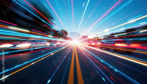 Motion blur of cars and lights in fast traffic technology, and digital movement.