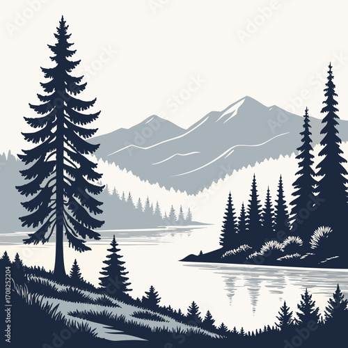 Serene mountain lake landscape with silhouetted pine trees and calm water reflections